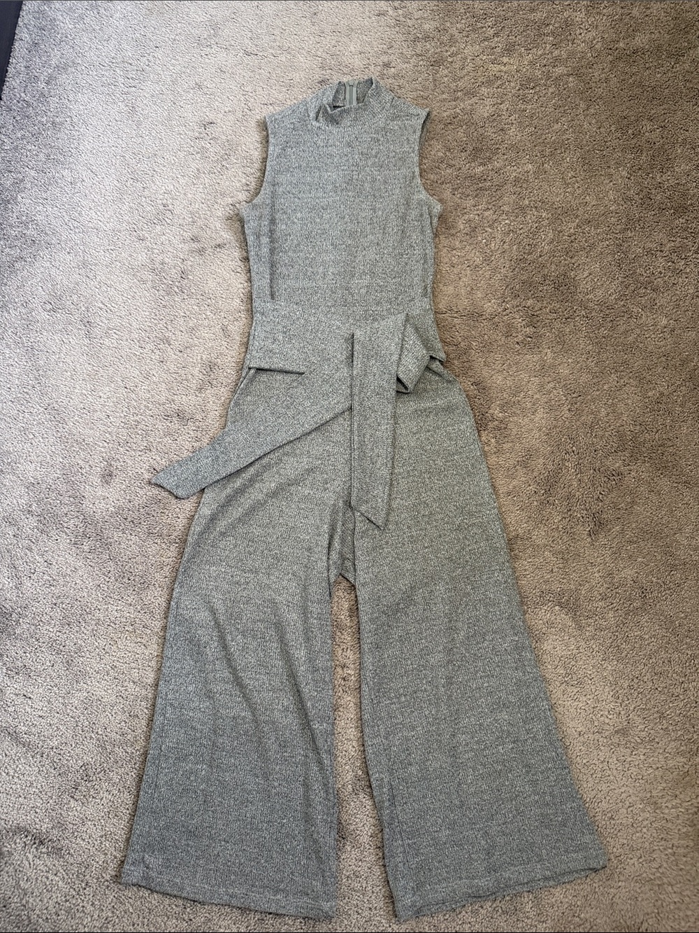 Sleeveless Grey Knit Wide-Leg Jumpsuit with Waist Tie